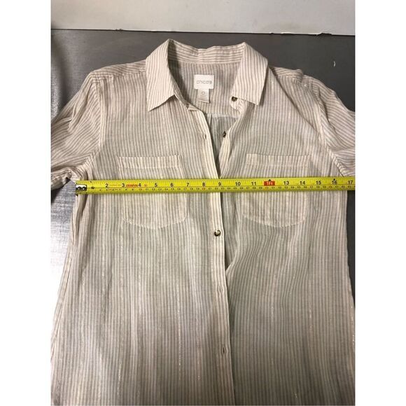 Chico’s Women’s Cream and Gold Striped Collared Bottom Up Long Sleeve Shirt Size - Picture 6 of 8